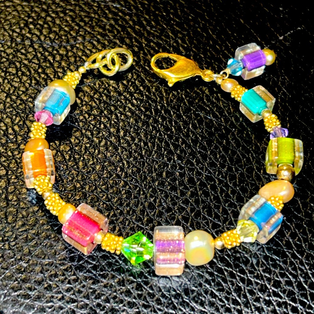 Fine Jewelry 22k Yellow Gold Murano Glass Tahitian Pearl Swarovski Bracelet